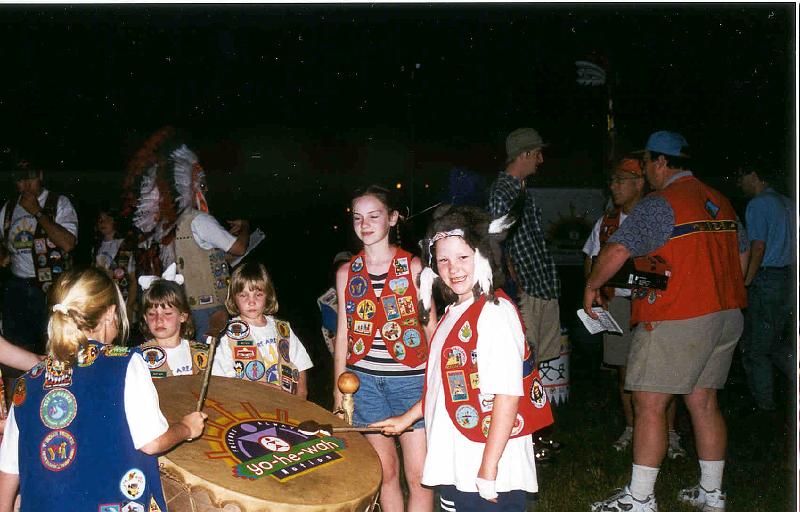 1999 - Indian Princess Family Campout, Lloyd Park, TX - Stephanie and Gretchen banging the war drum.jpg - 1999 - Indian Princess Family Campout, Lloyd Park, TX - Stephanie and Gretchen banging the war drum
